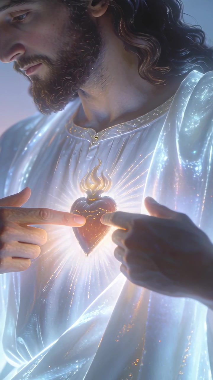 Video verticale: Attirato da un bagliore a forma di cuore, uomo barbuto che si preme il petto in studio, con una veste da preghiera luminosa.