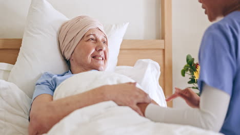 old woman, nurse hands and support in bed at home