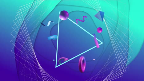 animation of 3d network structure with rotating triangle and 3d shapes on abstract blue background