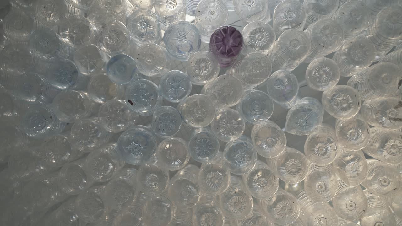 플라스틱 병의 오른쪽에서 왼쪽으로 찍힌 원