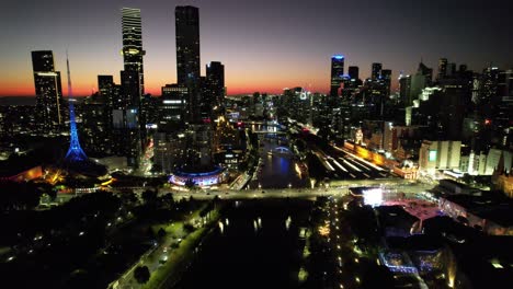 melbourne lights yarra river sunset city views forward aerial