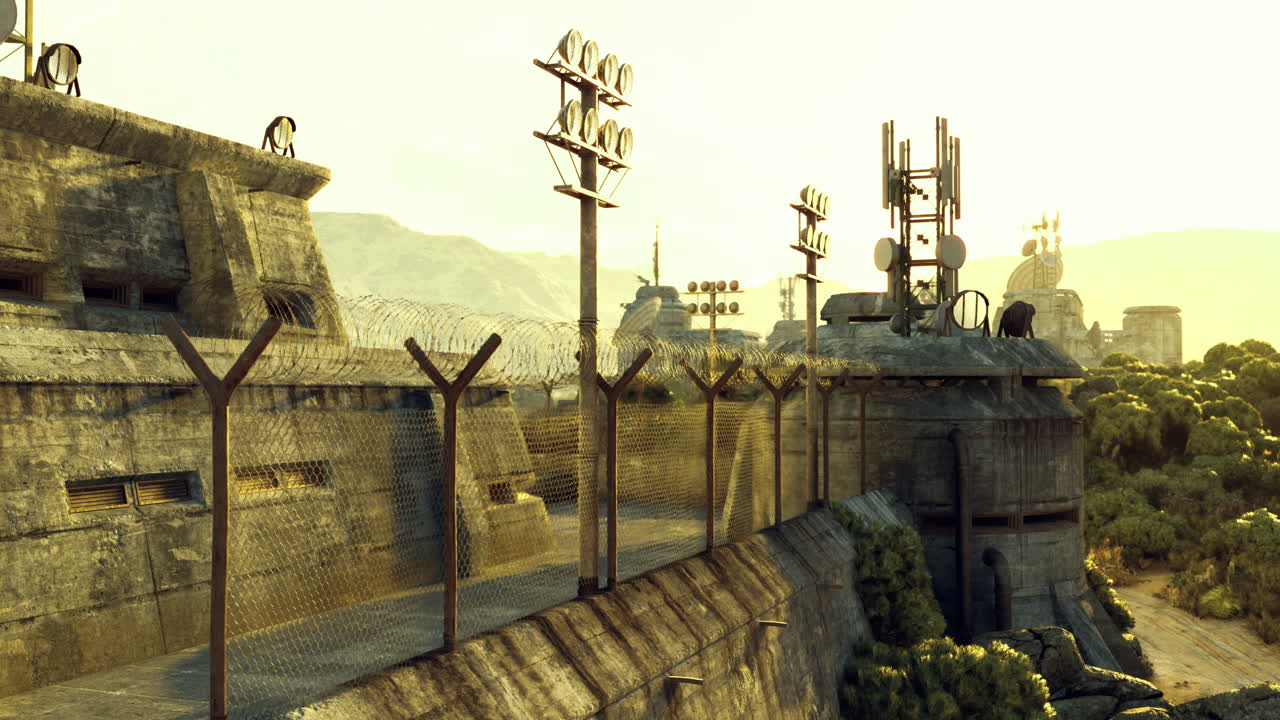 Abandoned fortress with communication towers and barbed wire fences at sunset