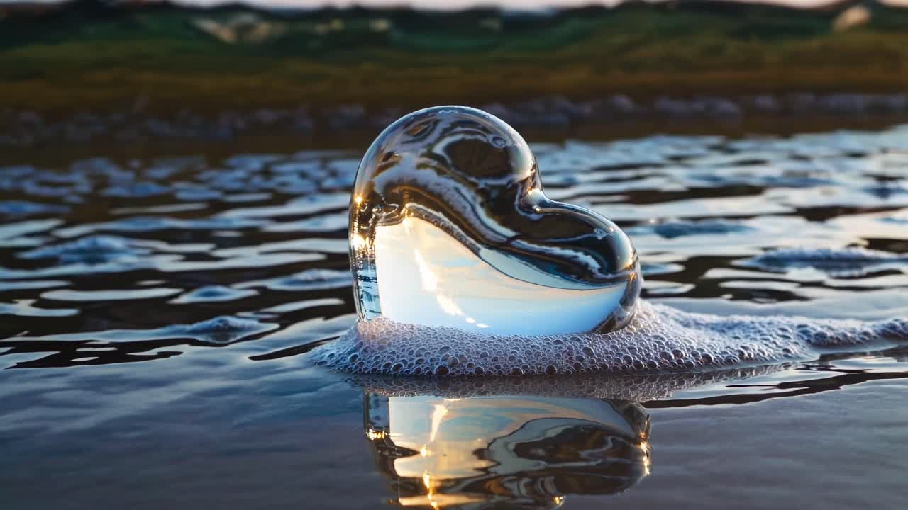 A heart-shaped glass sculpture on a beach at sunset, captured at a low angle