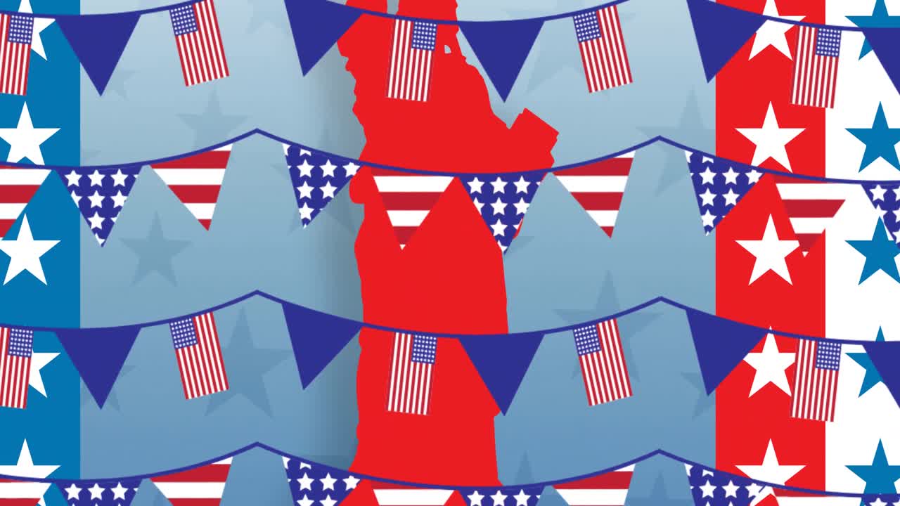 Animation of flag garlands over statue of liberty