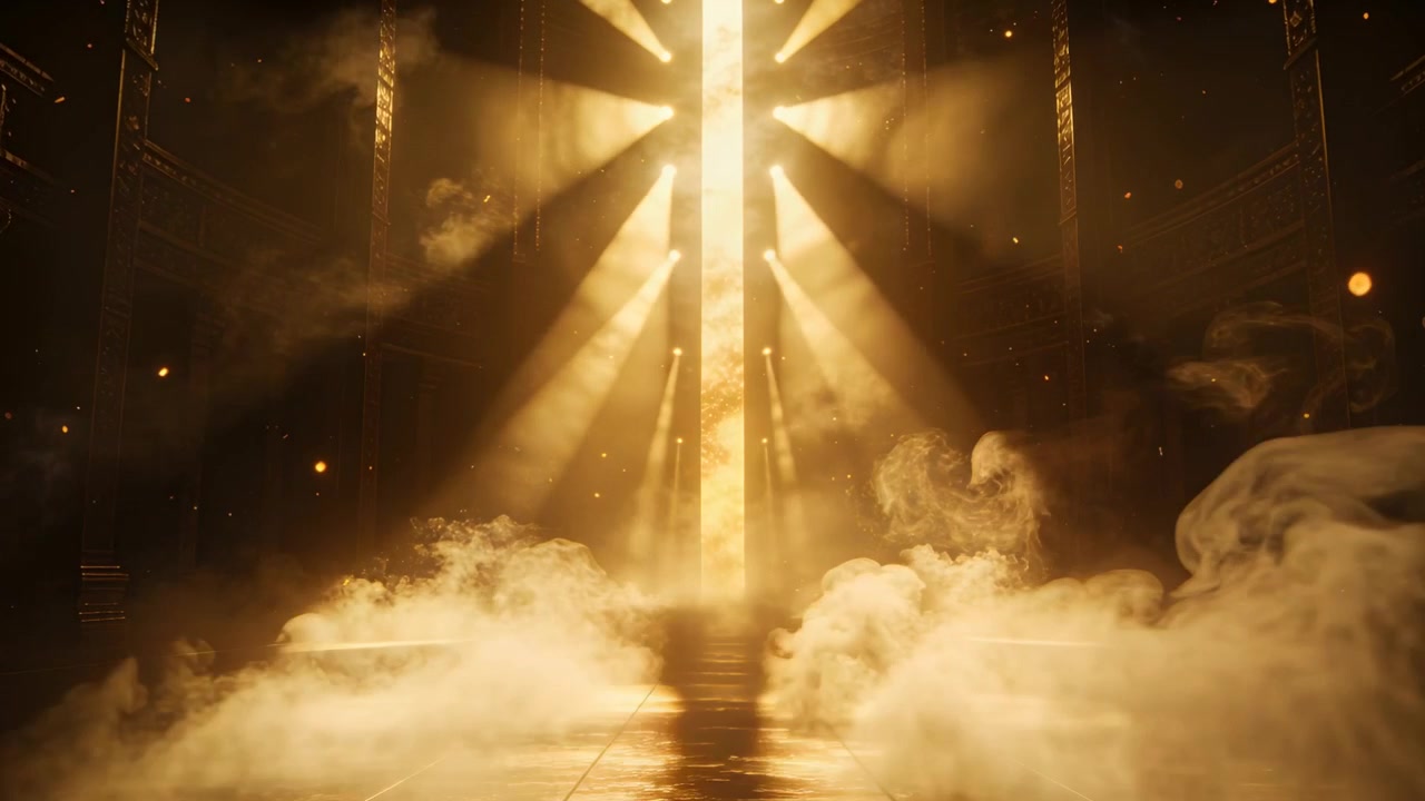 Slit brightening, vertical light column pushing fog across grand hall, revealing steps with embers