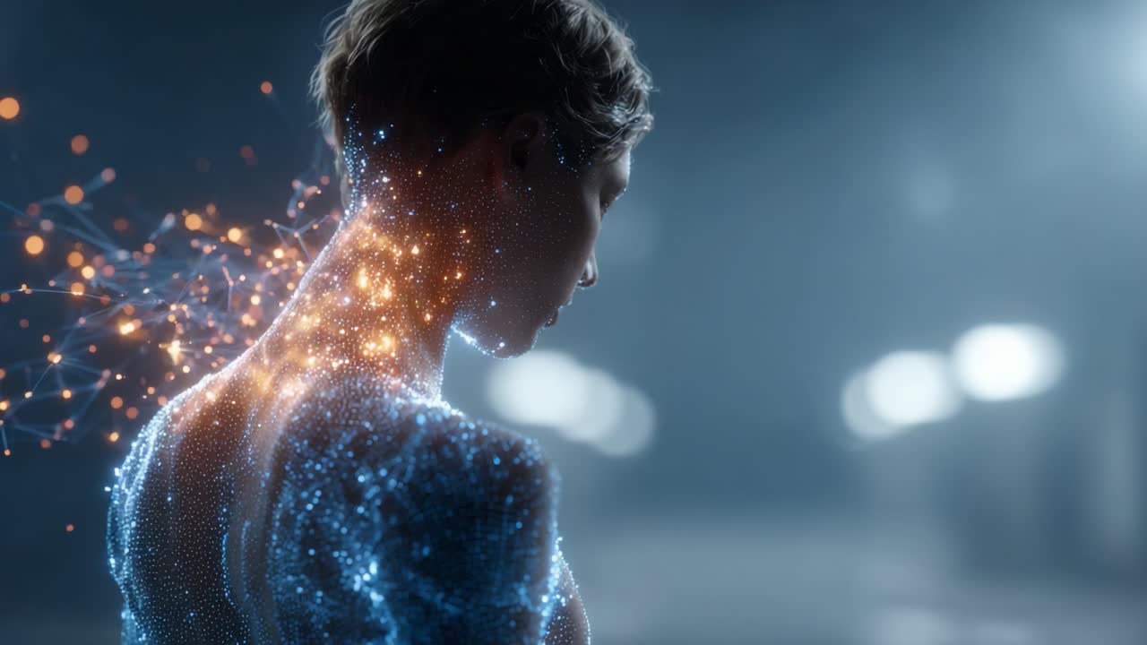 A Stunning Display of Digital Art Featuring a Figure with a Sparkling, Glimmering Back, Blending Technology and Humanity in a Mesmerizing Virtual Environment