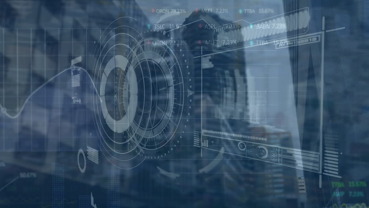 Animation of data processing and scope scanning over cityscape