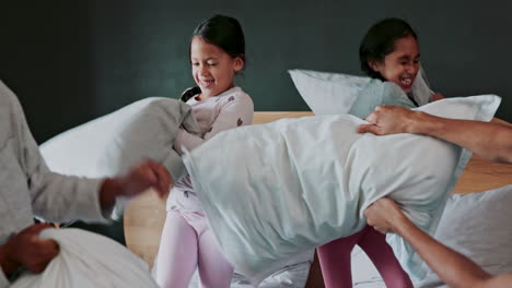 happy, bedroom and children in a pillow fight