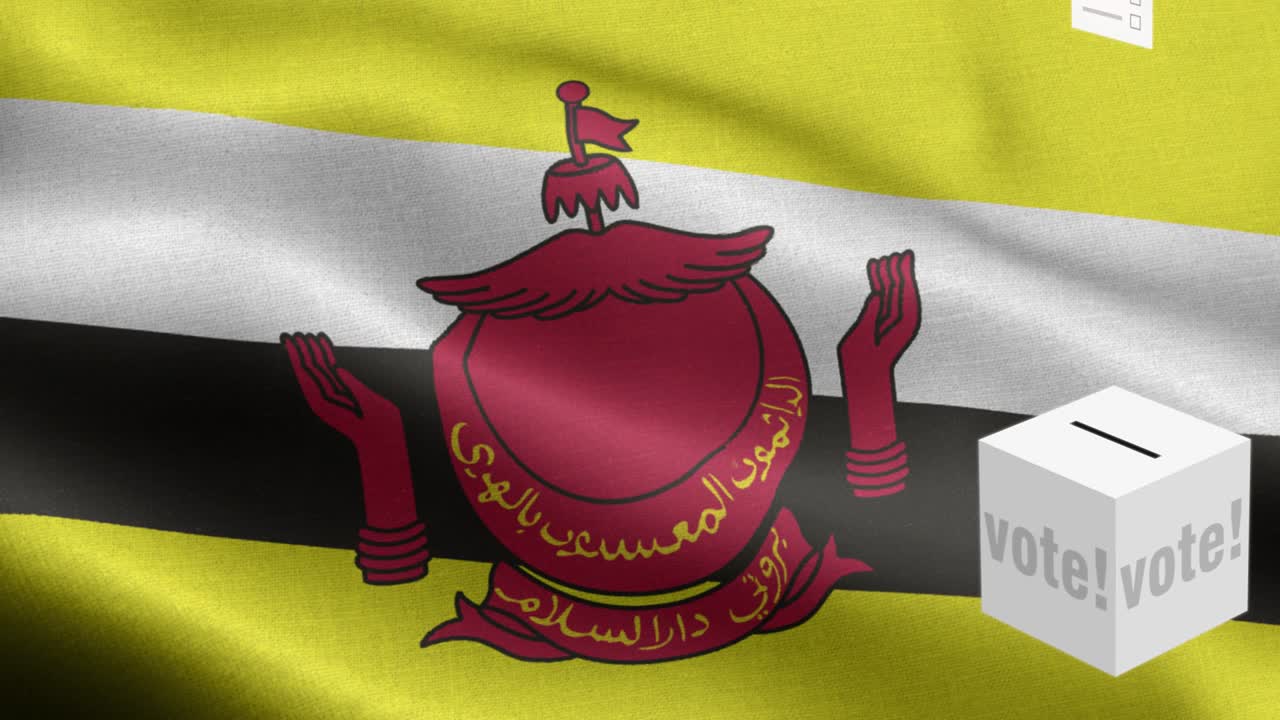 las papeletas de votación vuelan a la caja para la selección de brunei - caja de votación frente a la bandera - elección - voto - bandera de brunei (bandera de brunei) alto detalle - bandera nacional patrón de ondas de brunei elementos loopables - textura de tela y bucle sin fin