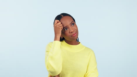 thinking, face and black woman with idea in studio