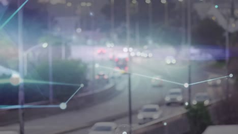 animación de la red de conexiones contra la vista aérea del tráfico de la ciudad