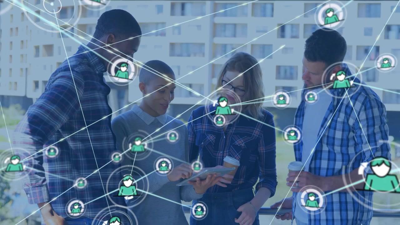 Coworkers tapping smartphone and launching branching business network animation across balcony