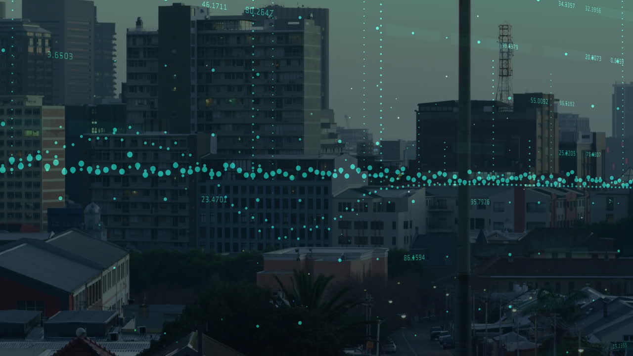 Animation of financial data processing over cityscape