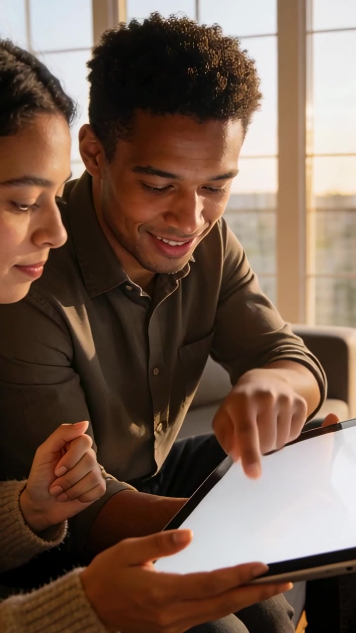 Video verticale: Uomo con top color oliva che indica il tablet toccando lo schermo e donna con top color marrone chiaro che scorre