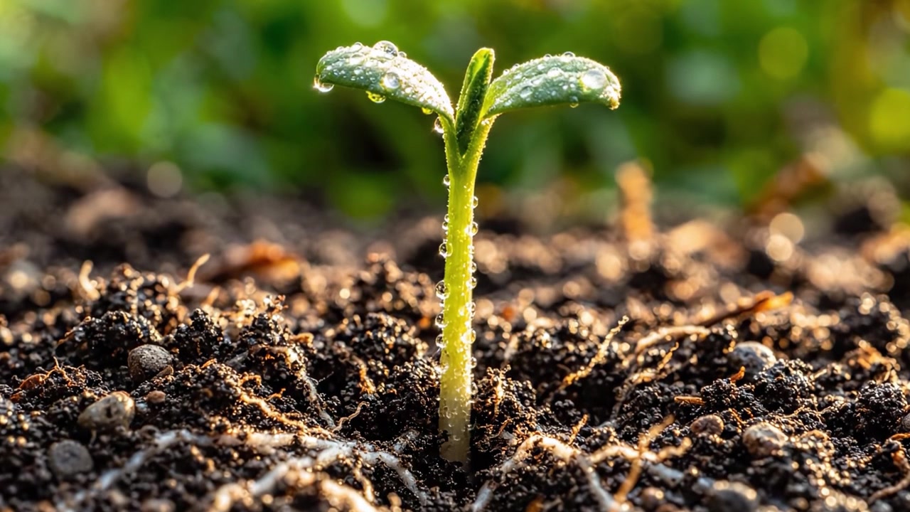Fra jord til spire: En ung plantes rejse, der spirer frem fra jorden, indfanger naturens bemærkelsesværdige vækst- og fornyelsesproces i frodige grønne omgivelser