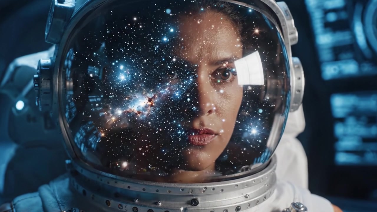 Un astronauta determinato fissa l'infinito cosmo, fondendo la realtà con le meraviglie del viaggio e dell'esplorazione spaziale in immagini mozzafiato