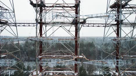 Duga-radar-station-antenna-grid-above-winter-taiga,-Chernobyl,-Ukraine