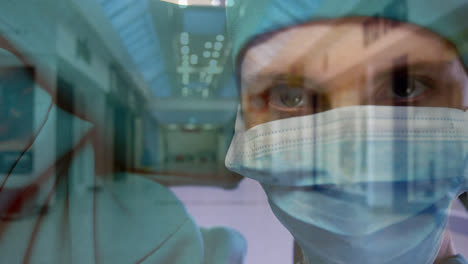 Animation-of-corridor-over-caucasian-female-surgeon-tying-face-mask