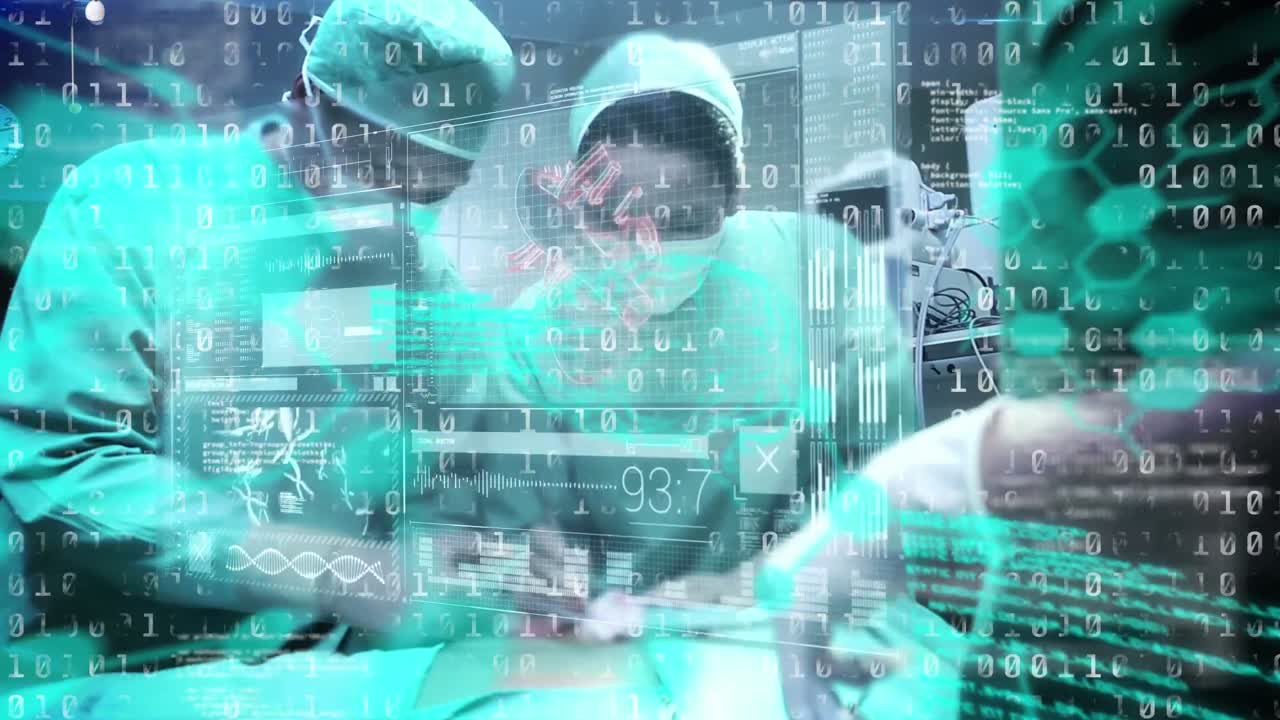 수술실에서 다양한 외과 의사에 대한 바이너리 코딩과 데이터 처리의 애니메이션