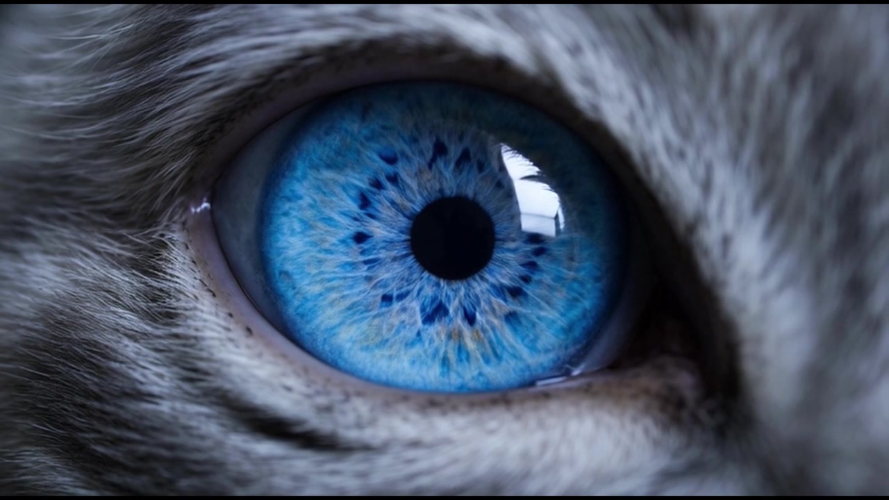 Primer plano extremo de un ojo de gato con iris azul vibrante