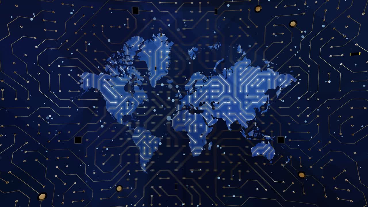 Digital world network concept with a stylized blue map of the world interconnected by glowing white and gold electronic circuit board lines on a dark blue background