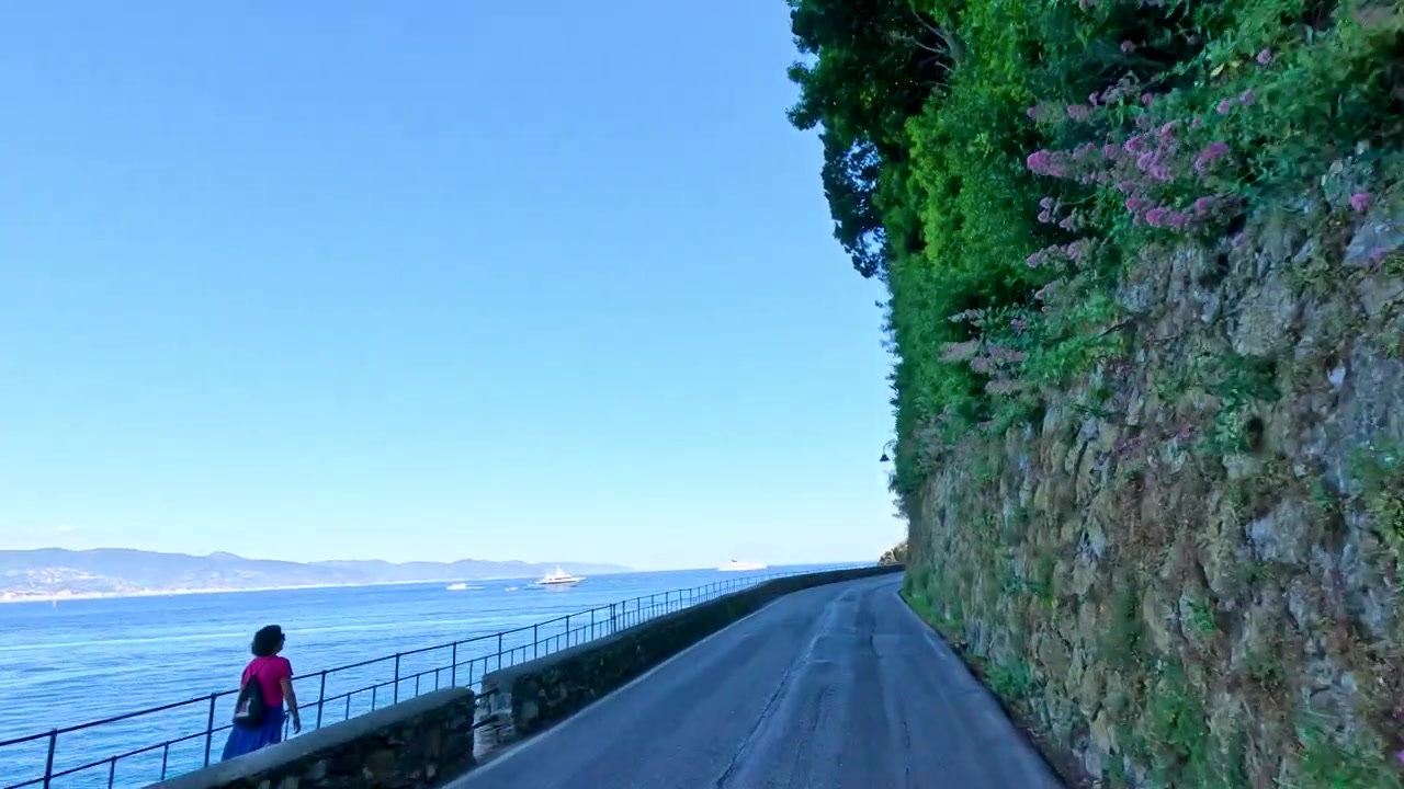 晴れ渡る青空の下、曲がりくねった海岸道路をスムーズに前方へ移動するトラッキングショット。