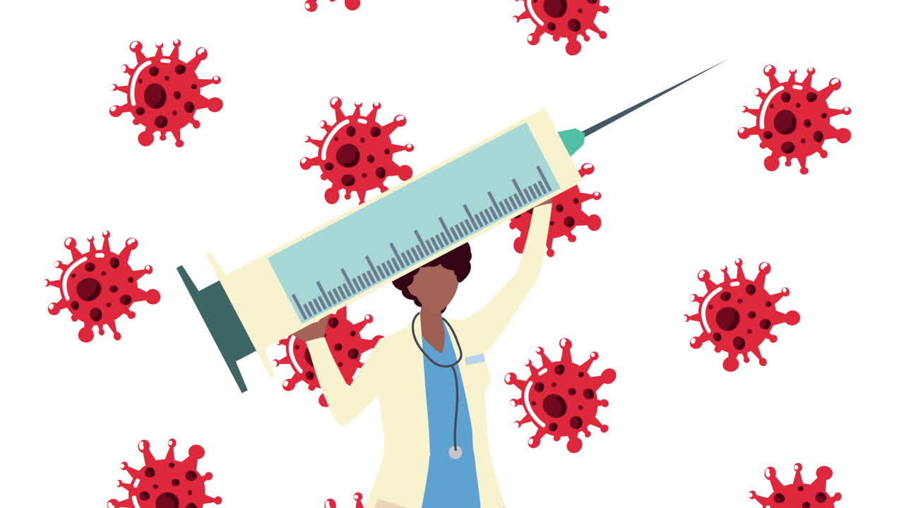 afro female doctor lifting covid19 vaccine and particles