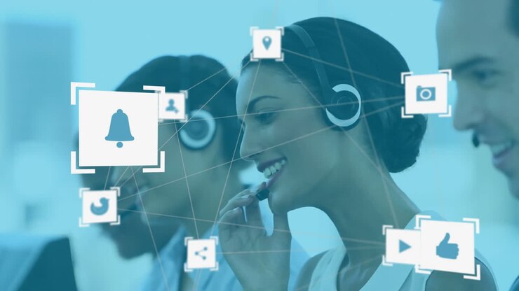Animazione di una rete di connessioni con icone su diversi professionisti che usano cuffie telefoniche.