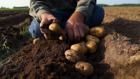 close-up of a farmer's hands harvesting fresh potatoes from the soil