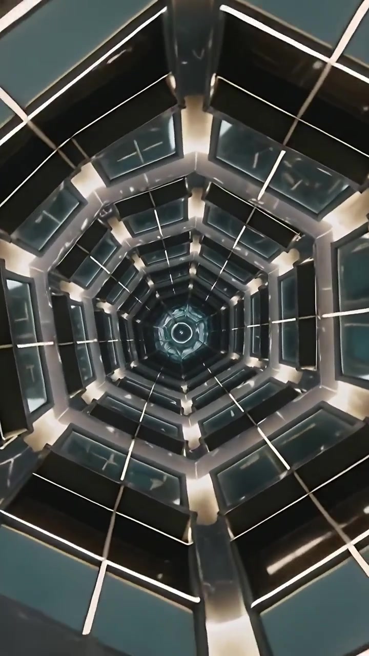 Video verticale: Inclinazione della telecamera che mostra un nucleo esagonale, pannelli a specchio e LED, rivelando anelli nell'albero.
