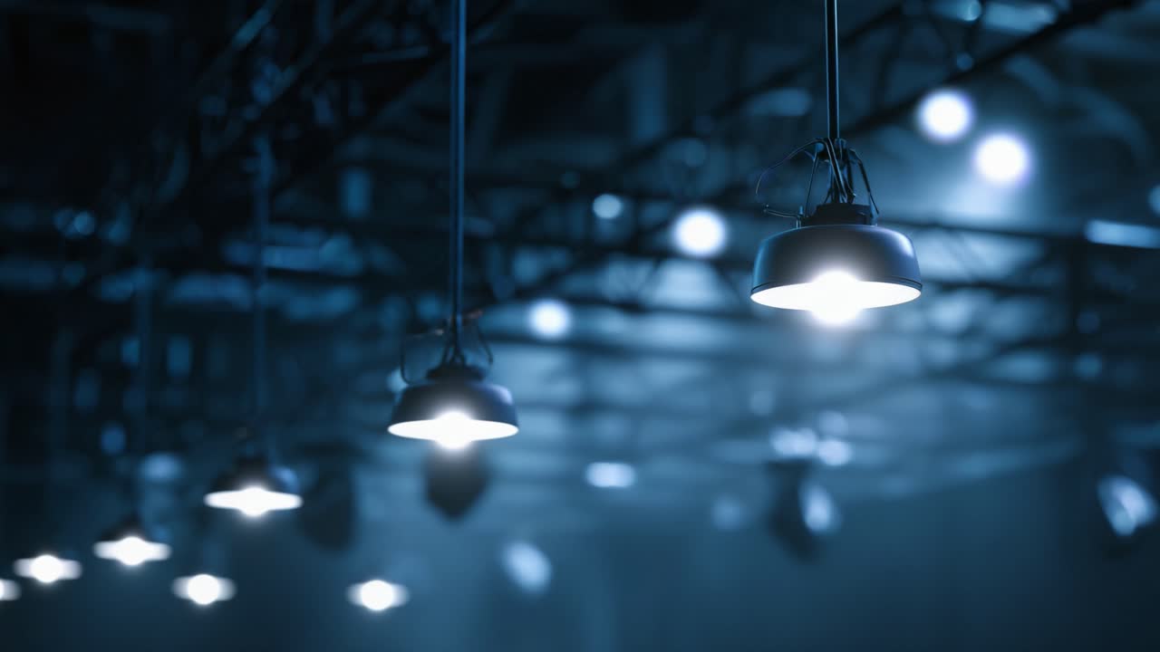 Scène de scène illuminée avec plusieurs lumières suspendues créant une atmosphère dramatique dans un environnement sombre, mettant en valeur la luminosité et les ombres