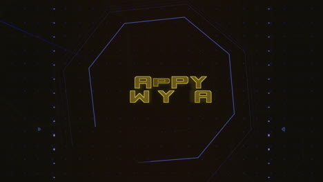 texto digital de feliz año nuevo en la pantalla de la computadora con elementos de hud