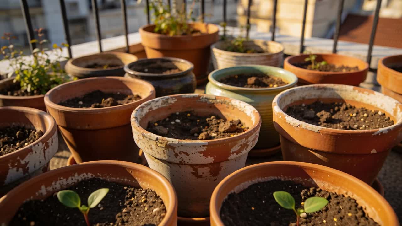 Die Kamera fährt zurück und enthüllt Terrakottatöpfe und Setzlinge auf einem Stadtbalkon, um die Anordnung sichtbar zu machen.