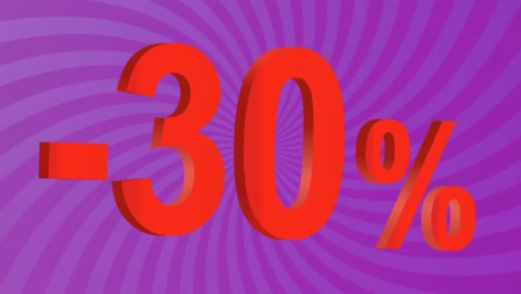 animation of minus 30 percent text over sunbeam pattern against purple background