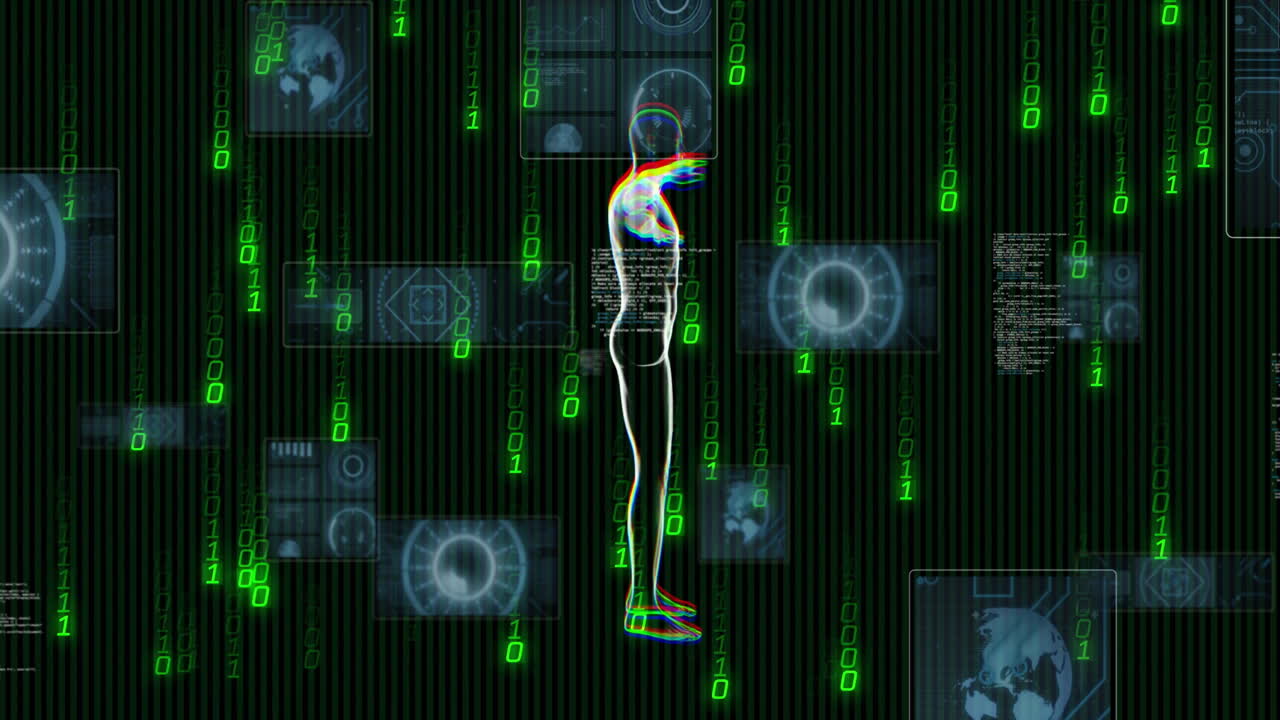 Human silhouette with digital data and binary code animation in background