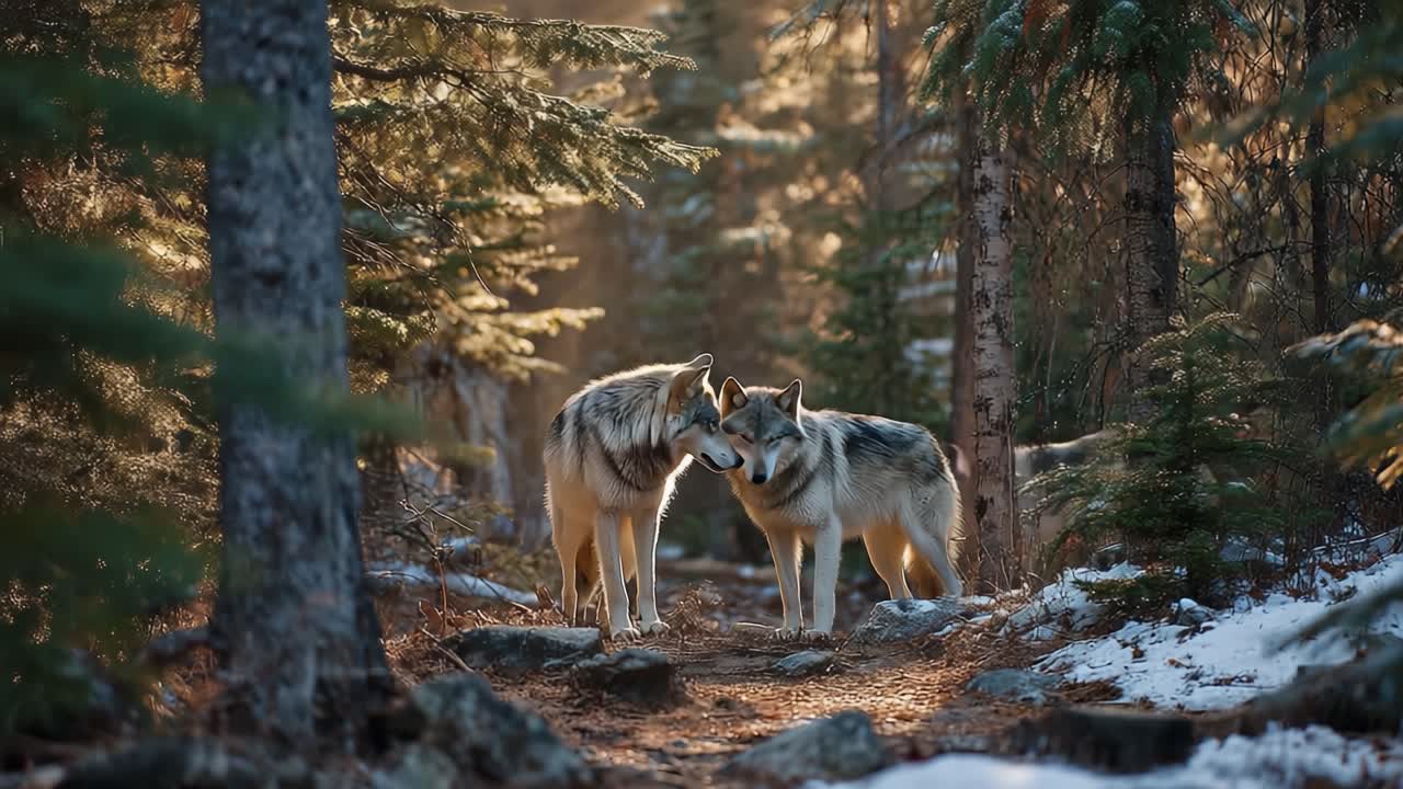A Serene Encounter Between Wolves in a Beautiful Forest: Capturing the Majesty of Nature and the Intricacies of Animal Behavior in Their Natural Habitat