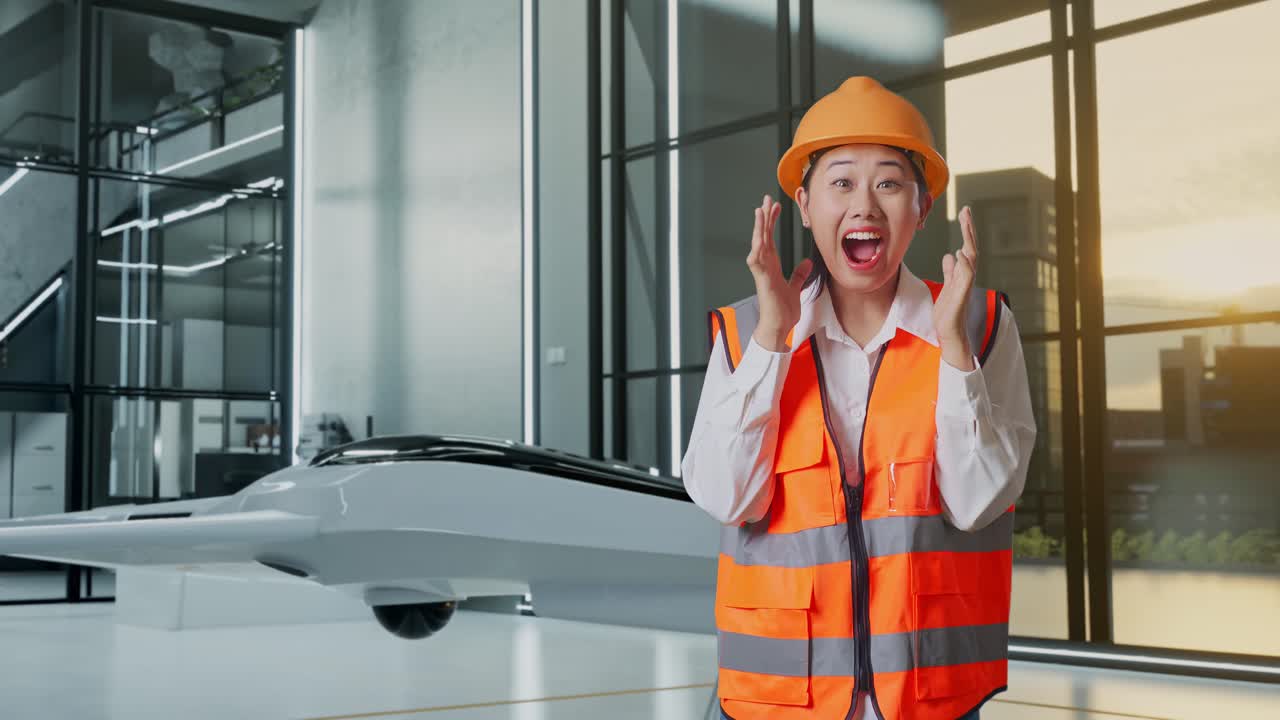 여성 엔지니어가 드론으로 현대적인 사무실에서  놀랐습니다.