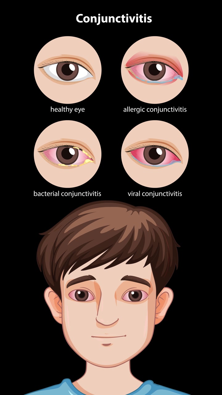 Una sequenza animata illustra lo sviluppo della congiuntivite e confronta le condizioni oculari sane, allergiche, batteriche e virali