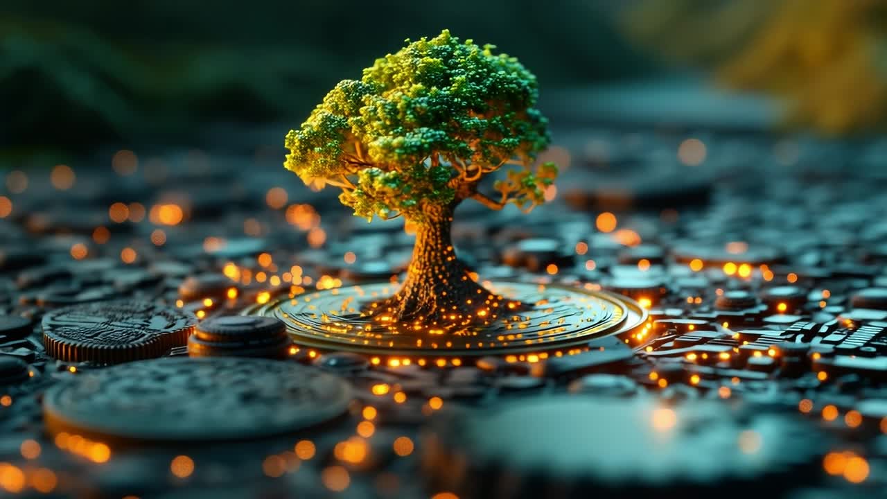 Tree shines with night coins. A tree rises from glowing coins in a dimly lit, mystical setting, showcasing nature's resilience.