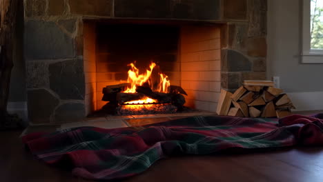 cozy fireplace scene with burning fire and plaid blanket