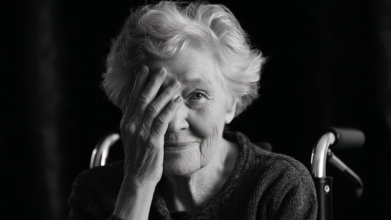 A Touching Portrait of an Elderly Woman Expressing Joy and Resilience, Captured in a Series of Black and White Frames That Convey Emotion and Strength Through Subtle Facial Expressions