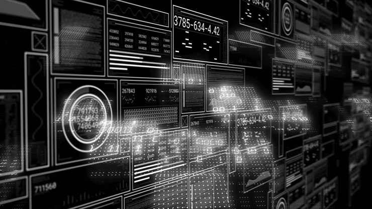Animation showing futuristic data panels with glowing numerical displays in school