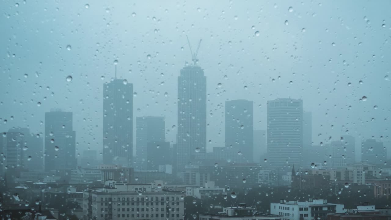 Rainy City Skyline View Through a Window