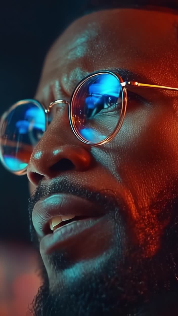 Un ritratto ravvicinato di un uomo con occhiali rotondi alla moda, catturato con illuminazione vibrante, che mette in mostra la sua espressione intensa e i dettagli del viso.