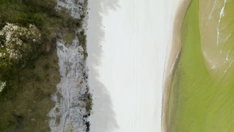 Aerial---White-sand-beach-of-Baltic-sea-in-Chlapowo,-Poland