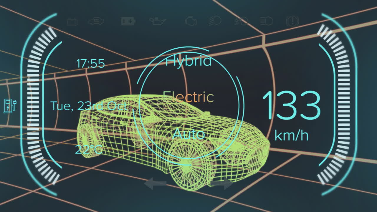 3D neon green wireframe car being visualized over grid while displaying digital HUD speed reading