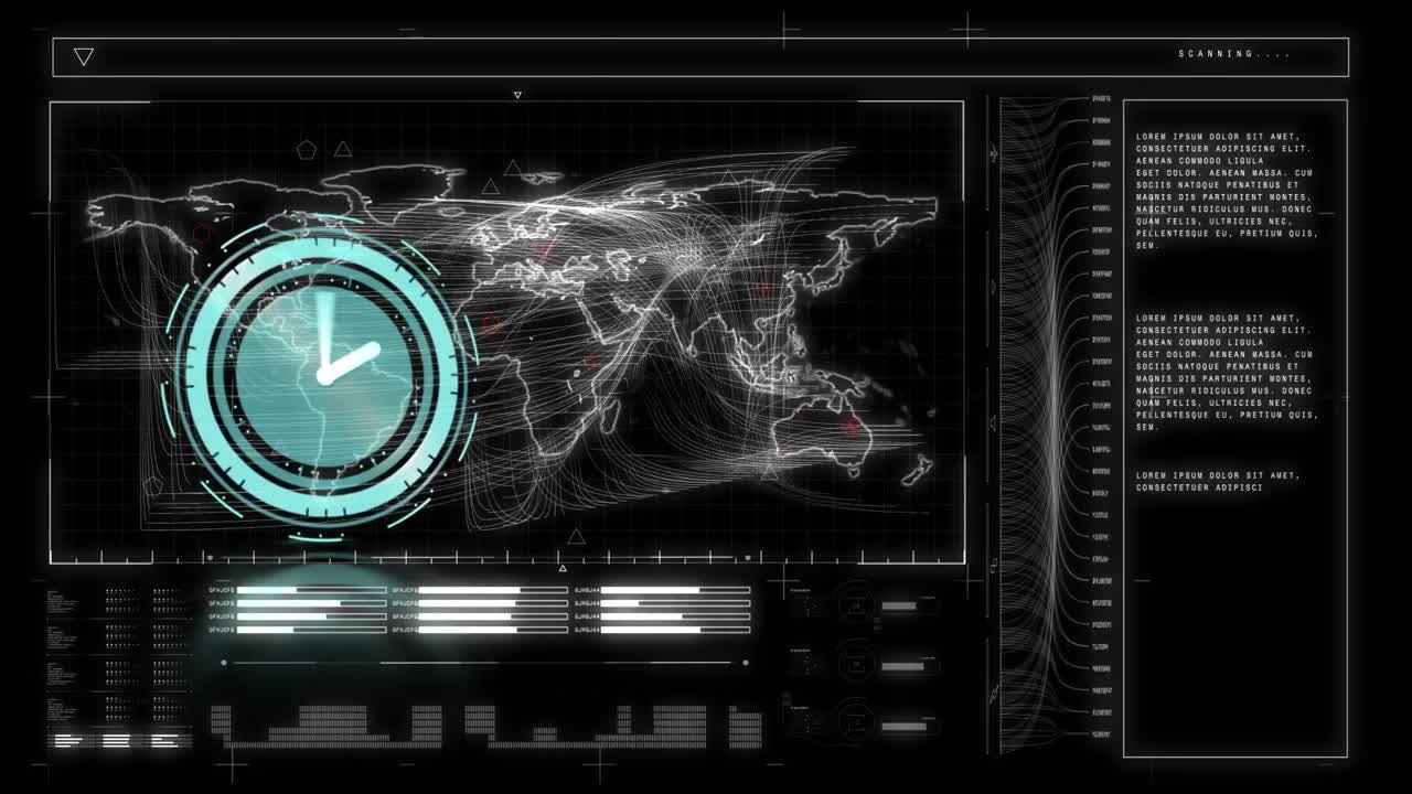 화면에 세계 지도와 함께 빠르게 움직이는 시계와 데이터 처리의 애니메이션
