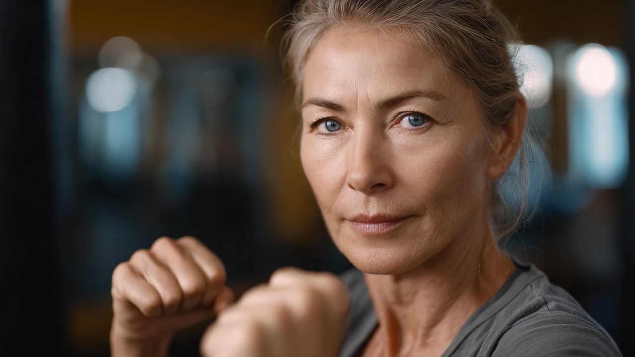 Concentración y determinación: Un retrato inspirador de una mujer en posición de lucha, que muestra fuerza, confianza y resiliencia en un entorno dinámico