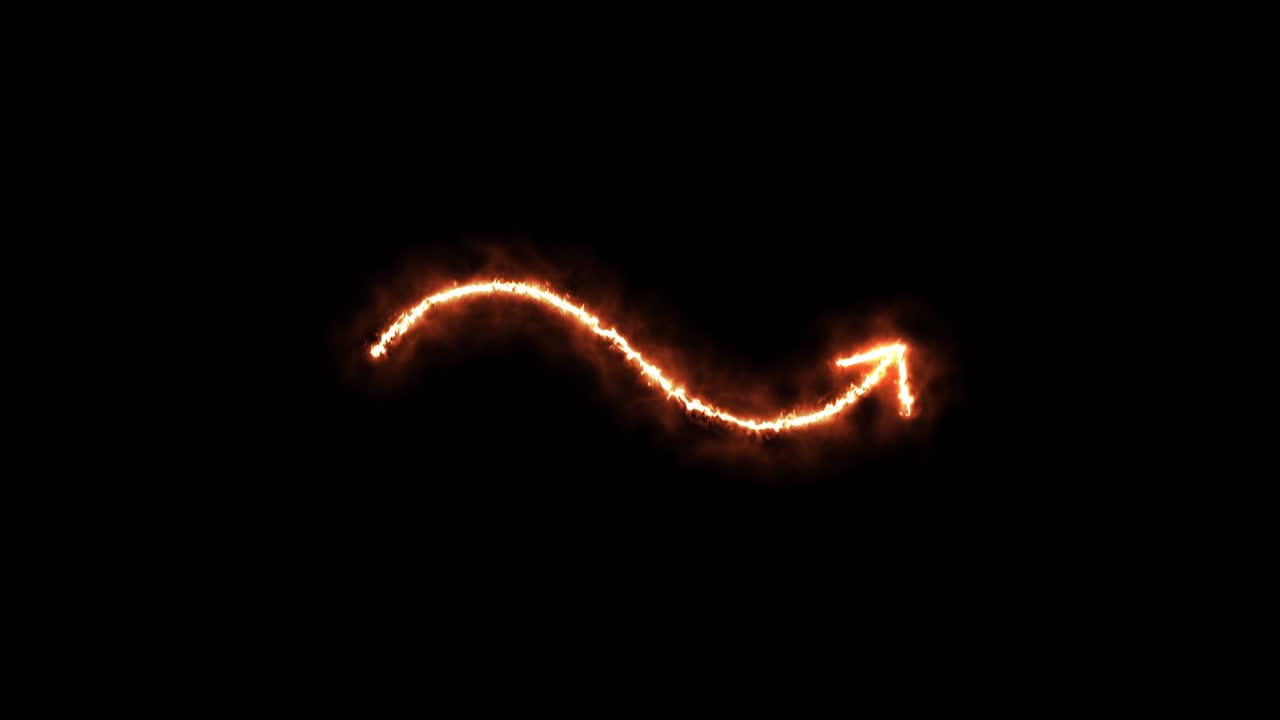 A luminous fire arrow smoothly traces a wavy upward path against a dark background