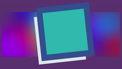 animation of blue square and frame over defocused blue and red abstract shapes, on purple background